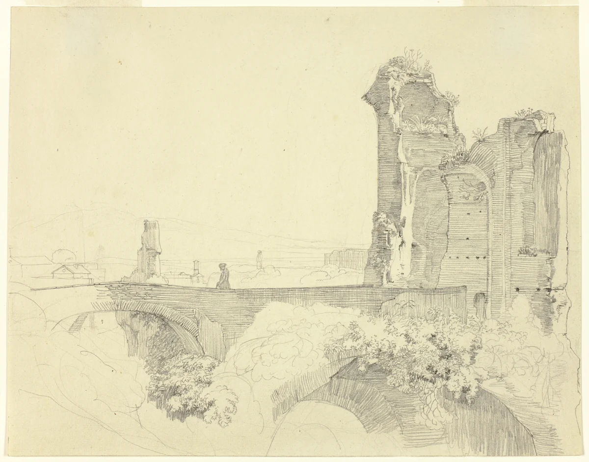 Bridge and Ruined Tower by Johann Christoph Erhard, drawing, 1815-1882
