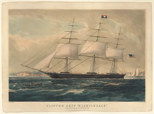 Clipper Ship "Nightingale" getting under weigh off the Battery, New York by James E. Buttersworth, print, 1854