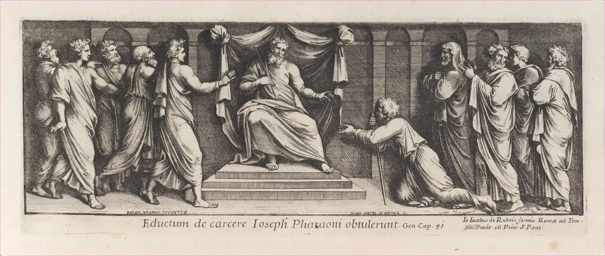 Joseph kneeling in front of the Pharoah, after Raphael's Stanza di Eliodoro, from a series of 15 plates, depicting Raphael's works for the Vatican stanze and the Sistine Chapel tapestries by Pietro Santi Bartoli, print, 1650-1670