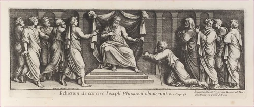 Joseph kneeling in front of the Pharoah, after Raphael's Stanza di Eliodoro, from a series of 15 plates, depicting Raphael's works for the Vatican stanze and the Sistine Chapel tapestries by Pietro Santi Bartoli, print, 1650-1670