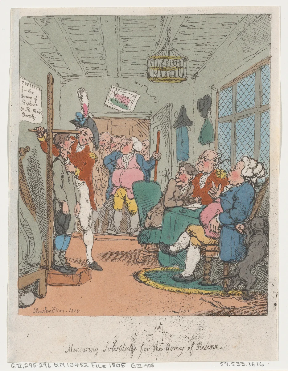 Measuring Substitutes for the Army of Reserve by Thomas Rowlandson, print, 1815