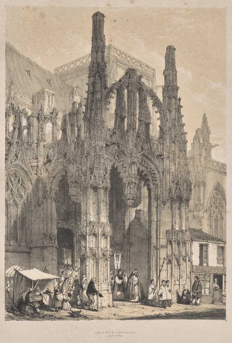 Architecture of the Middle Ages: Louviers, Normandy, South Porch by Joseph Nash, print, 1838