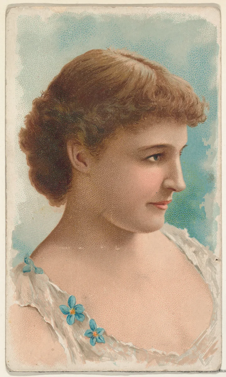 Actress wearing white sleeveless bodice with blue floral details, from Stars of the Stage, First Series (N129) issued by W. Duke, Sons & Co. to promote Honest Long Cut Tobacco by W. Duke, Sons & Co., print, 1890