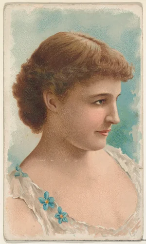 Actress wearing white sleeveless bodice with blue floral details, from Stars of the Stage, First Series (N129) issued by W. Duke, Sons & Co. to promote Honest Long Cut Tobacco by W. Duke, Sons & Co., print, 1890