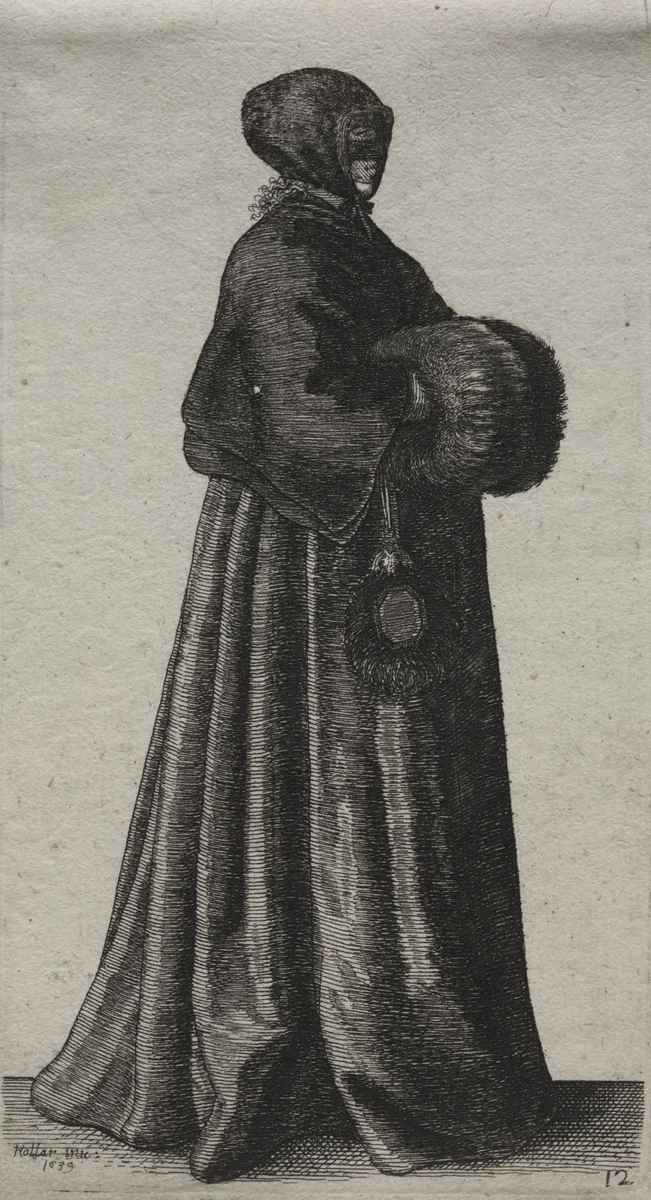 The Several Habits of English Women, from the Nobility to the Country Women as they are in these times: The Woman with Mask, Hood and Muff by Wenceslaus Hollar, print, 1639