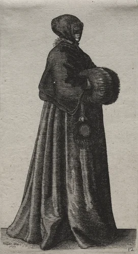 The Several Habits of English Women, from the Nobility to the Country Women as they are in these times: The Woman with Mask, Hood and Muff by Wenceslaus Hollar, print, 1639