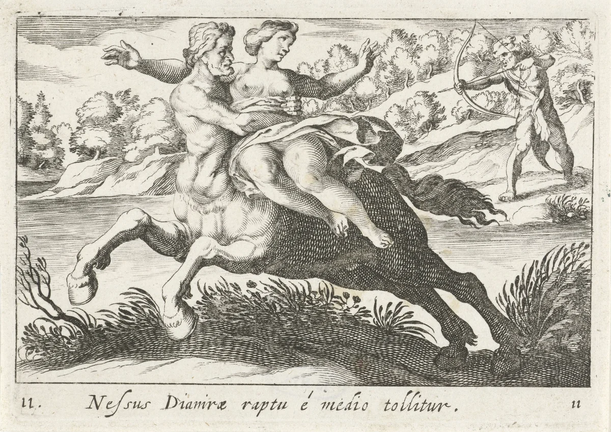 Nessus probeert Deïanira te schaken by Simon Frisius, print, 1610-1664