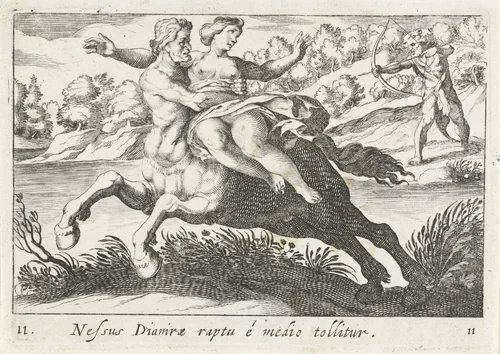 Nessus probeert Deïanira te schaken by Simon Frisius, print, 1610-1664