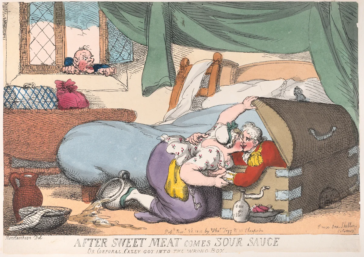 After Sweet Meat Comes Sour Sauce, or Corporal Casey Got into the Wrong Box by Thomas Rowlandson, print, 1810