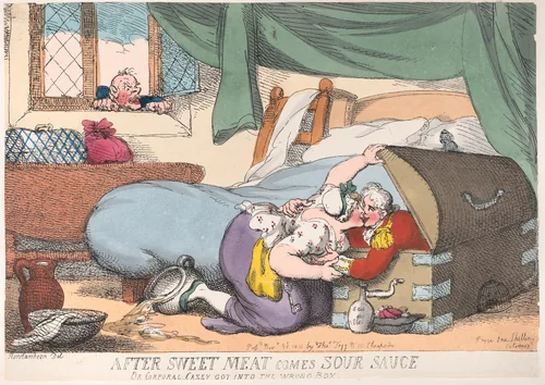 After Sweet Meat Comes Sour Sauce, or Corporal Casey Got into the Wrong Box by Thomas Rowlandson, print, 1810
