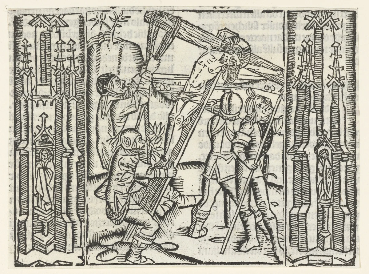 De oprichting van het kruis by Unknown, print, 1480-1500
