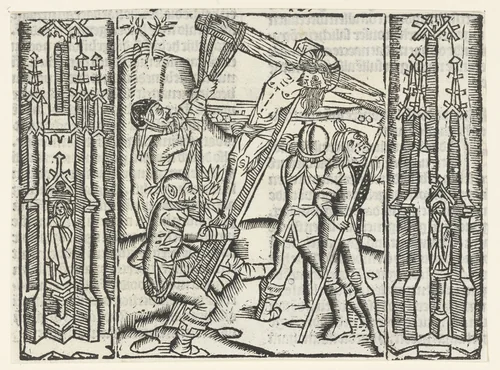 De oprichting van het kruis by Unknown, print, 1480-1500