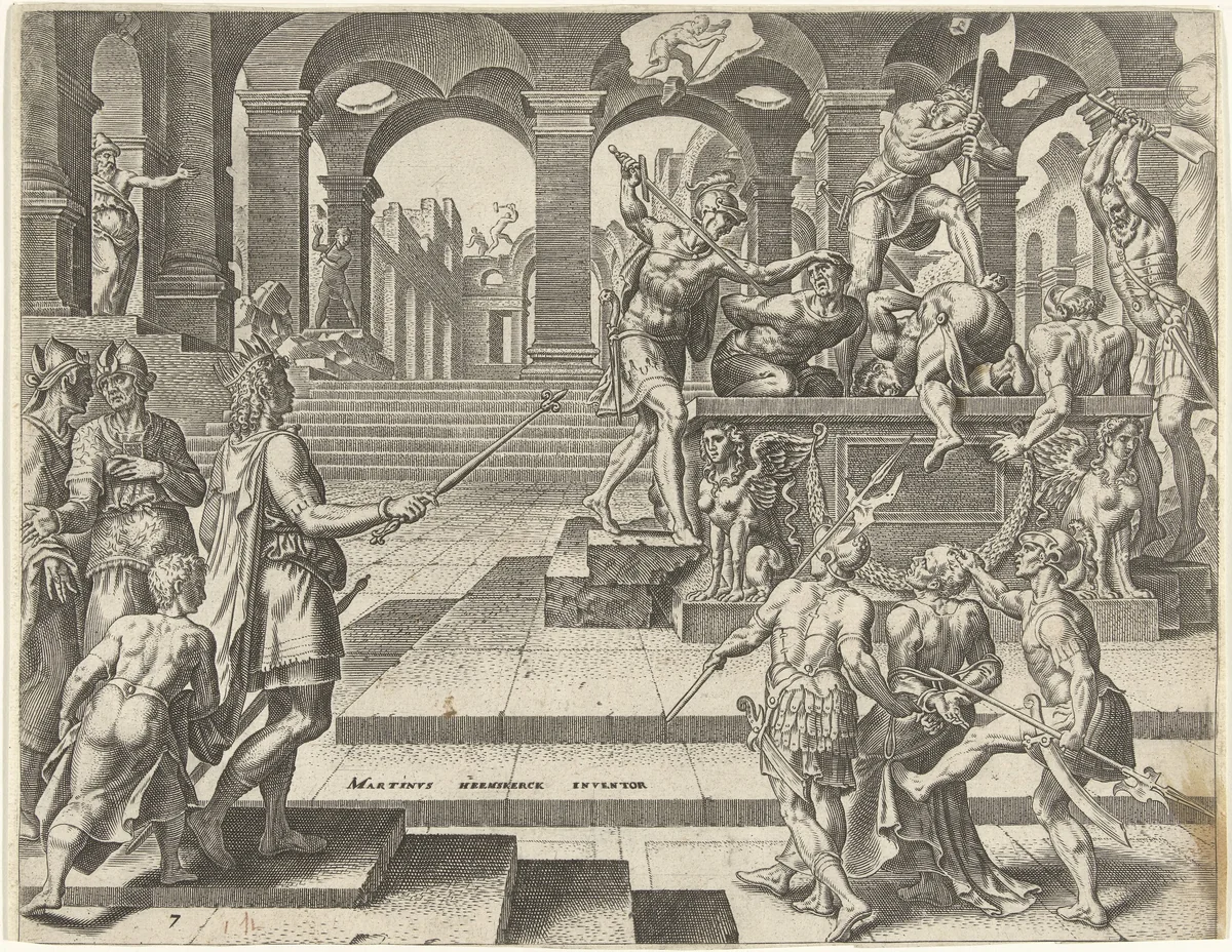 Koning Josia geeft opdracht de priesters van de tempels in Samaria te vermoorden by Philips Galle, print, 1569