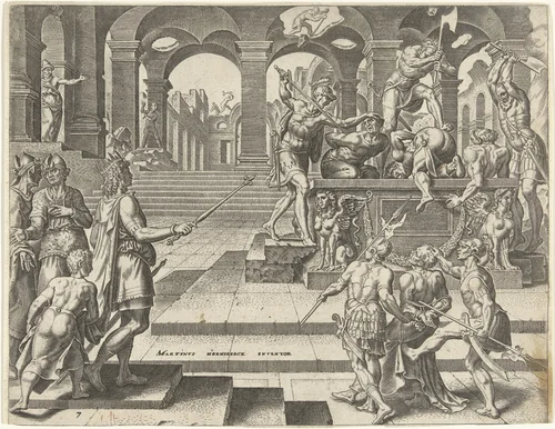 Koning Josia geeft opdracht de priesters van de tempels in Samaria te vermoorden by Philips Galle, print, 1569