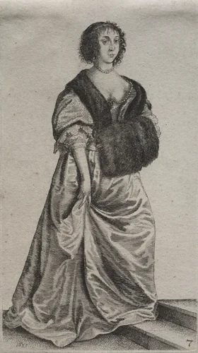 The Several Habits of English Women, from the Nobility to the Country Women as they are in these times: The Woman on the Two Steps by Wenceslaus Hollar, print, 1639