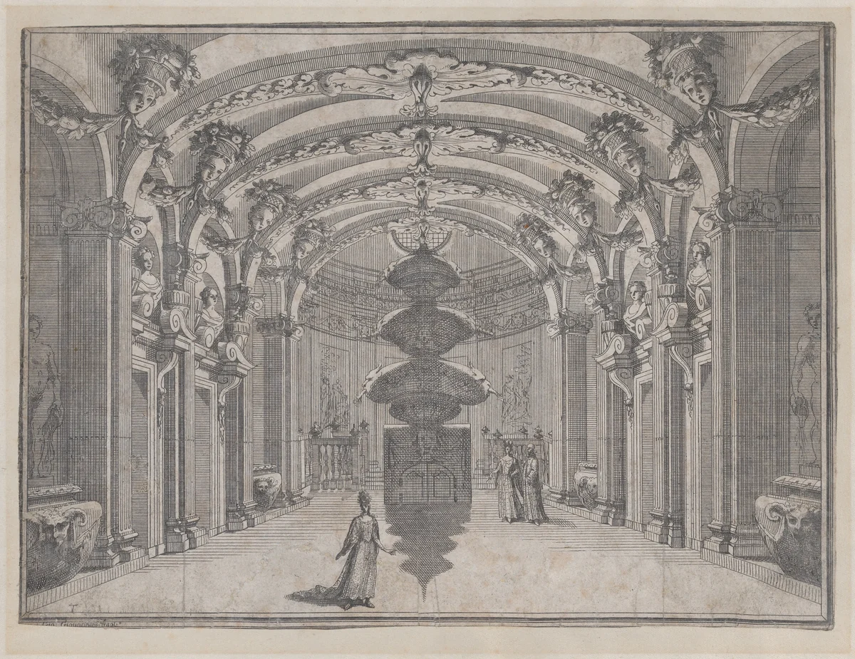 Theatrical scene in a great hall with a vaulted ceiling and a central sculpture; two figures converse in the background while a third stands alone in the foreground by Giacomo-Maria Giovannini, print, 1682-1717