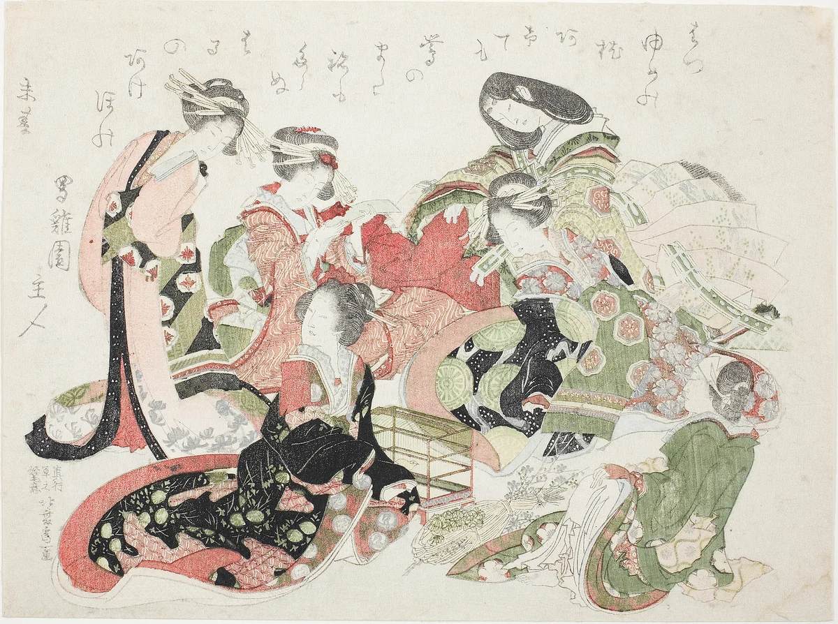 Six women seated around a bird cage by Katsushika Hokusai (葛飾 北斎), print, 1823