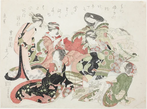 Six women seated around a bird cage by Katsushika Hokusai (葛飾 北斎), print, 1823