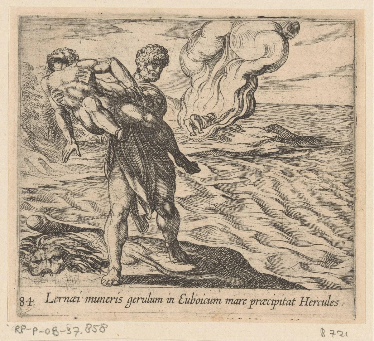 Hercules gooit Lichas in zee by Antonio Tempesta, print, 1606