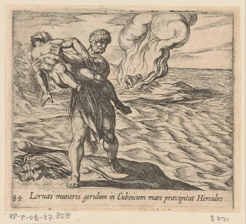Hercules gooit Lichas in zee by Antonio Tempesta, print, 1606