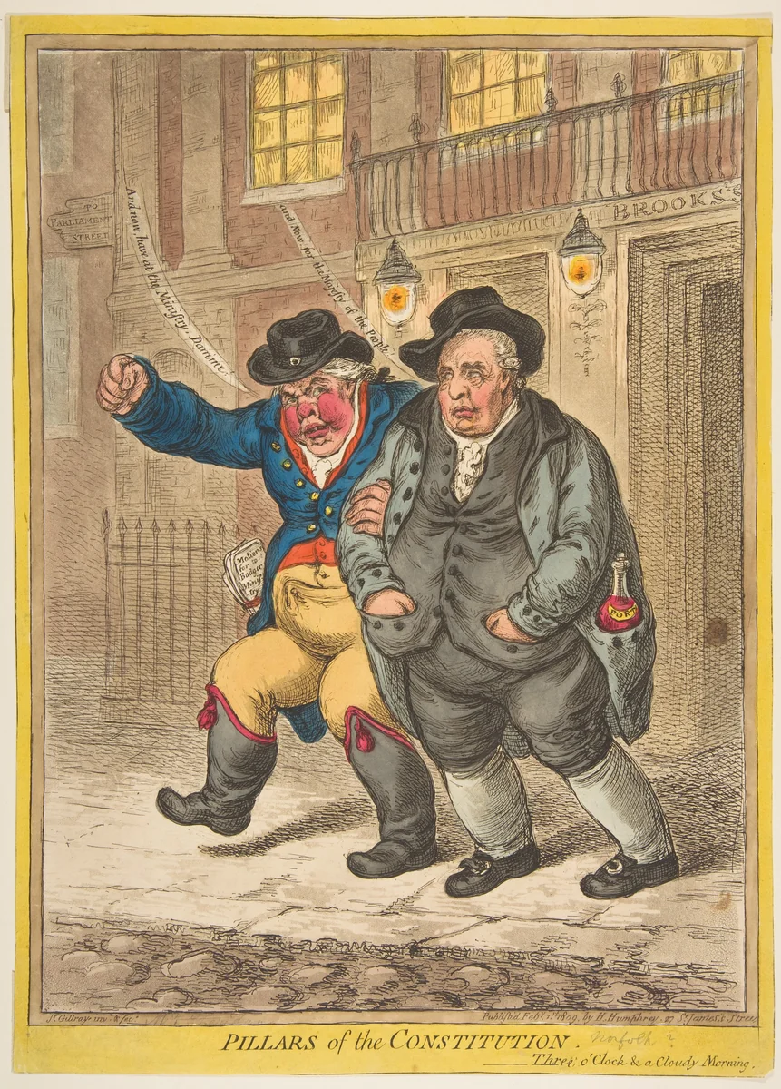 Pillars of the Constitution. Three O'Clock & a Cloudy Morning by James Gillray, print, 1809