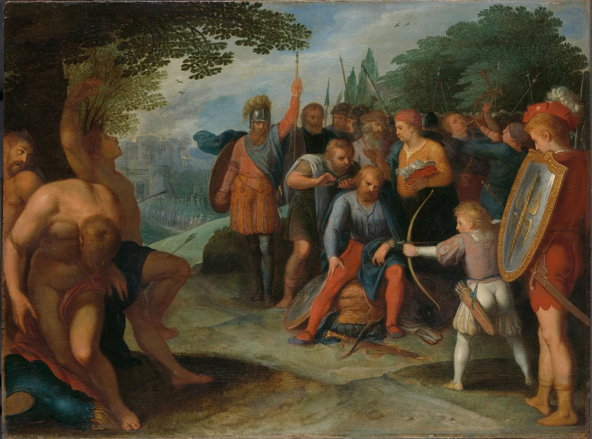 Julius Civilis Having his Hair Cut after the Fall of Vetera, while his Son Kills Some of the Captives by Otto van Veen, painting, 1600-1613
