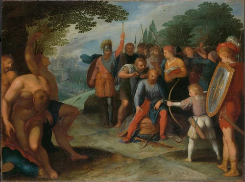 Julius Civilis Having his Hair Cut after the Fall of Vetera, while his Son Kills Some of the Captives by Otto van Veen, painting, 1600-1613