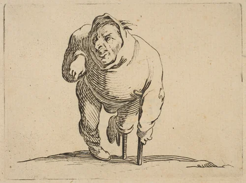 L'Estropié a la Béquille et a La Jambe de Bois (The Cripple with a Crutch and a Wooden Leg), from "Varie Figure Gobbi, suite appelée aussi Les Bossus, Les Pygmées, Les Nains Grotesques" (Various Hunchbacked Figures, The Hunchbacks, The Pygmes, The Grotesque Dwarfs) by Jacques Callot, print, 1616-1622