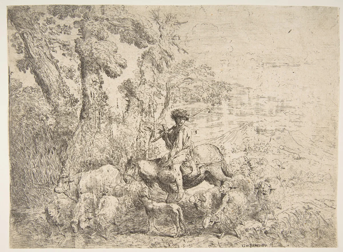 Young herdsman on horseback by Giovanni Benedetto Castiglione, print, 1638
