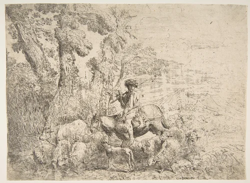 Young herdsman on horseback by Giovanni Benedetto Castiglione, print, 1638