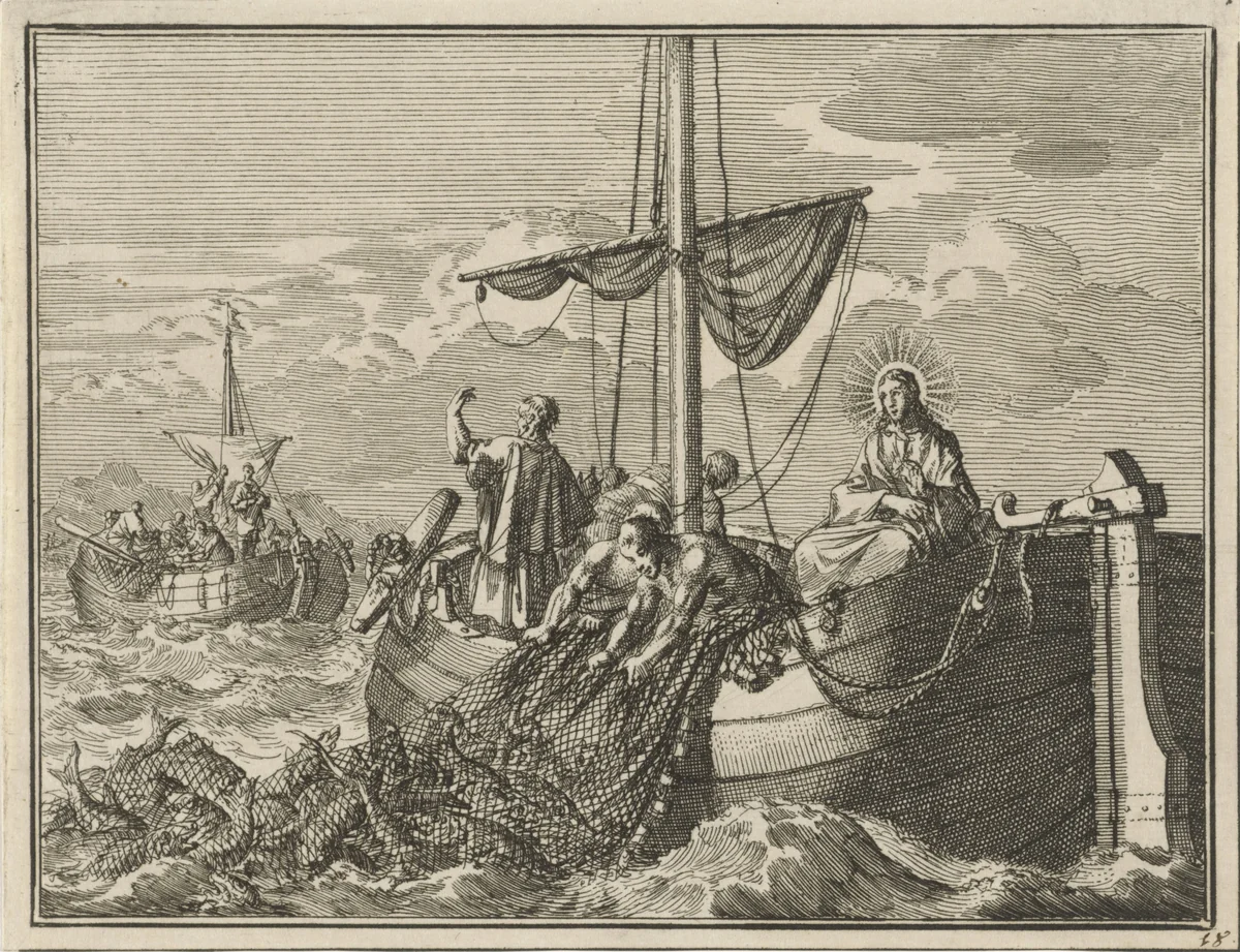 Christus op de vissersboot van Petrus by Jan Luyken, print, 1712