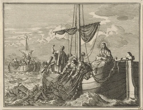 Christus op de vissersboot van Petrus by Jan Luyken, print, 1712