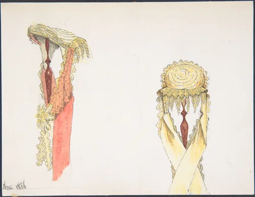 Two Views (Side and Front) of a Hat on a Stand by Auguste Félix, drawing, 1866