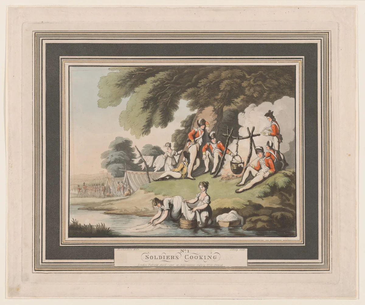 Soldiers Cooking by Heinrich Joseph Schütz, print, 1798