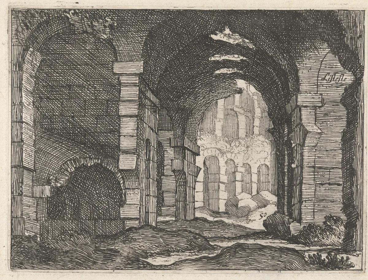 The Ruins of the Colosseum by Giovanni Battista Mercati, print, 1629
