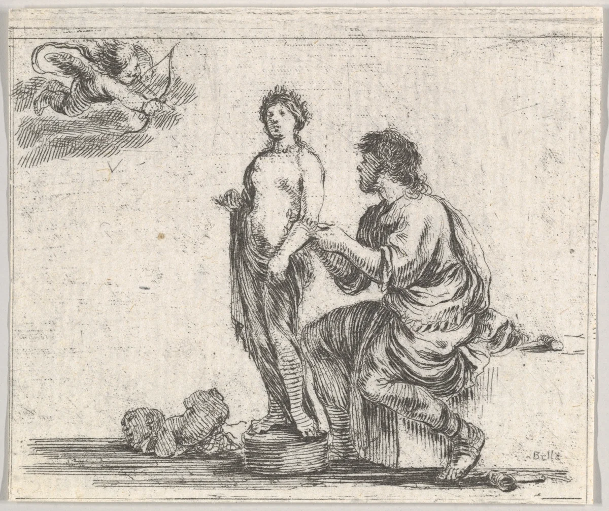 Pygmalion, from "Game of Mythology" (Jeu de la Mythologie) by Stefano della Bella, print, 1644