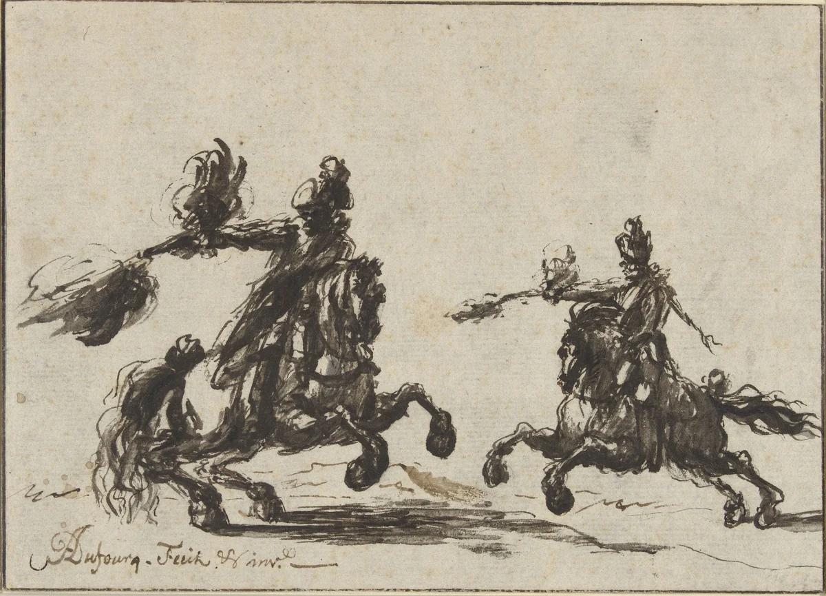 Twee schietende ruiters by A. Dufourcq, drawing, 1800-1900