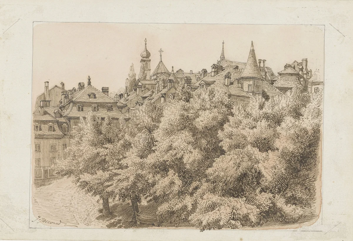 Gezicht op een stadsplein met bomen by J. Jaccoud, drawing, 1800-1900