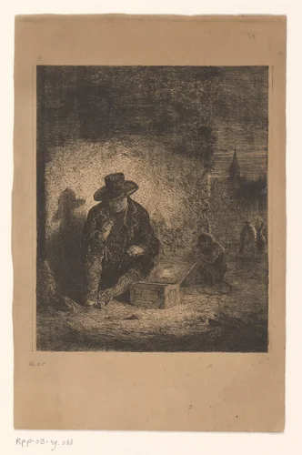 Man met hoed gezeten op de hoek van een straat bij een kist en aap by Guillaume Joseph Vertommen, print, 1825-1863