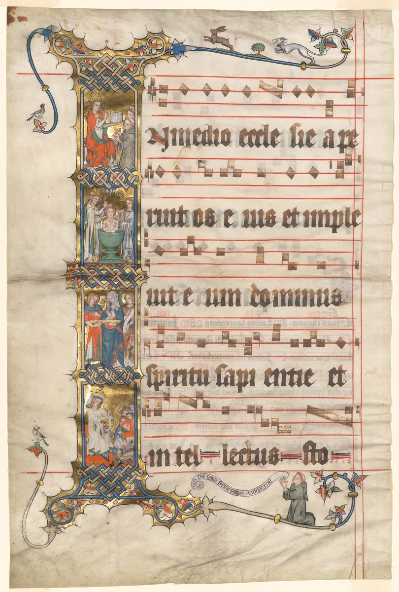 Leaf from the Wettinger Gradual: Historiated Initial (I) with Scenes from the Life of St. Augustine by Master of the Wettinger Gradual, manuscript, 1325-1335