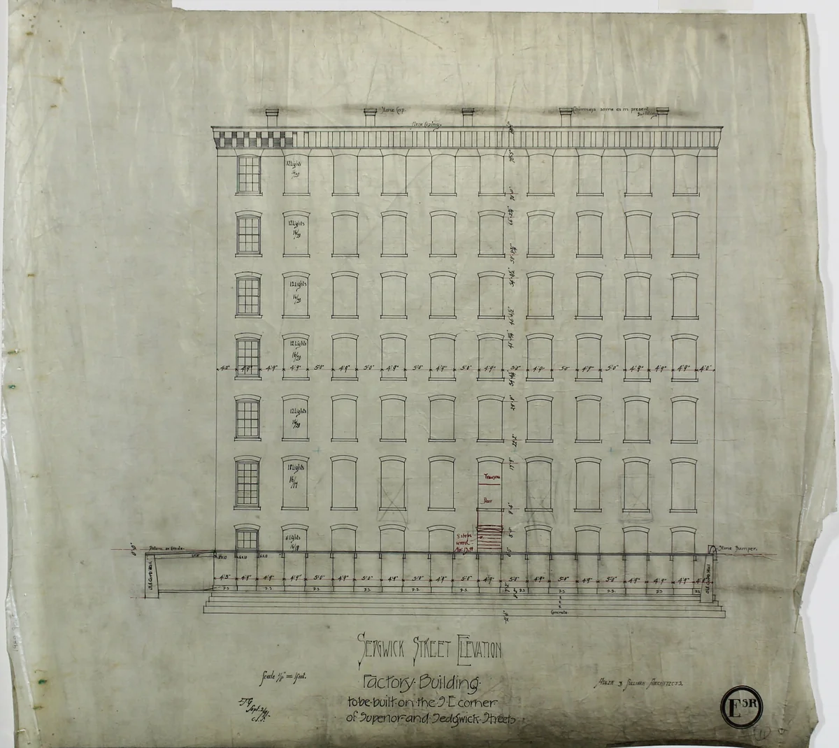 Brunswick Balke and Collender Company Factory Building, Chicago, Illinois, Elevation by Adler & Sullivan, drawing, 1890-1894