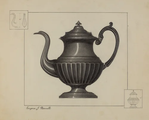 Pewter Coffee Pot by Eugene Barrell, index of american design, 1936