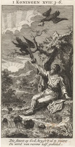 Elia gevoed door raven by Jan Luyken, print, 1712