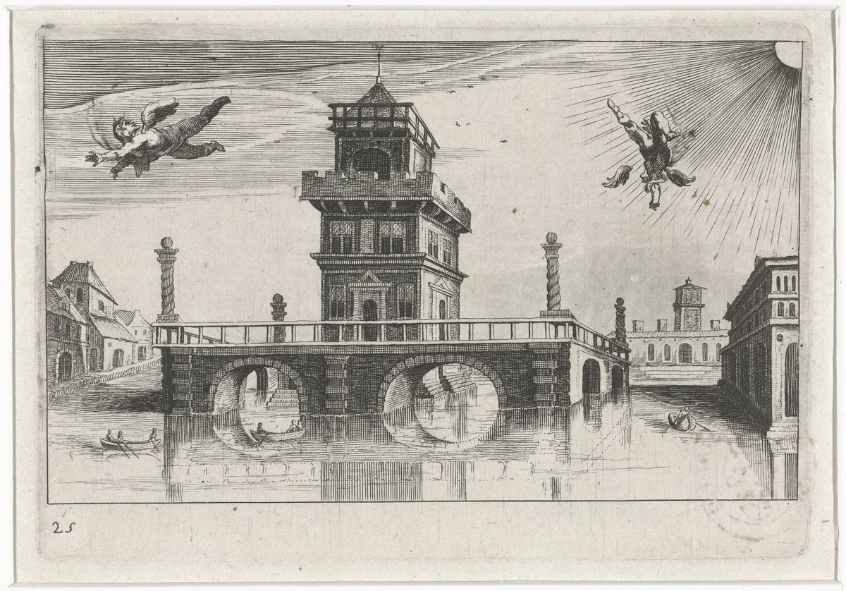 Stadsgezicht met Icarus en Daedalus by Simon Frisius, print, 1611