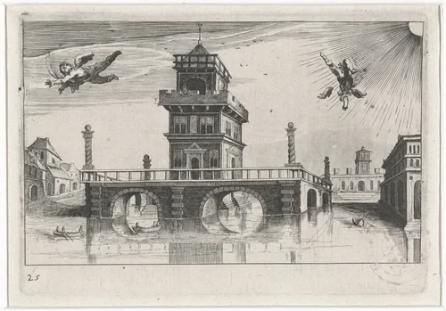 Stadsgezicht met Icarus en Daedalus by Simon Frisius, print, 1611