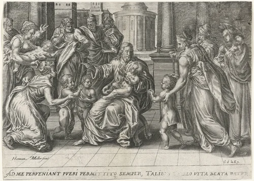 Christus zegent de kinderen by Unknown, print, 1565-1572