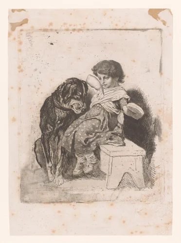 Meisje met hond die naar haar boterham kijkt by Charles Verlat, print, 1834-1890