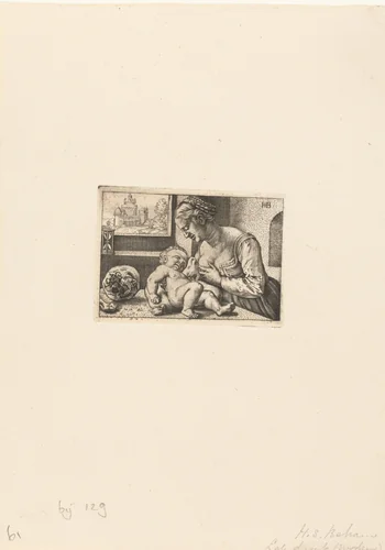 Maria geeft kind de borst en schedel by Unknown, print, 1512-1590