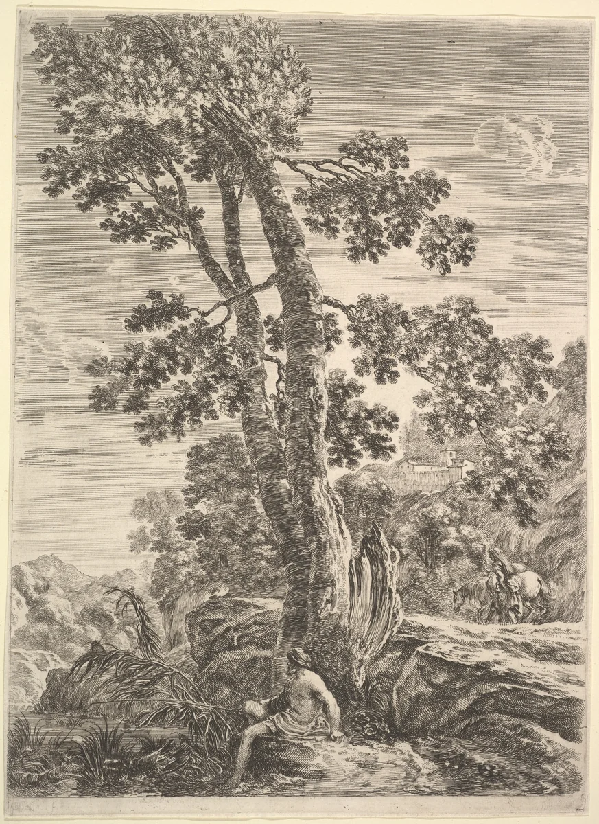 A fisherman leaning against a large tree, a woman walking next to a horse in the background, from "Four large landscapes" (Quatre grands paysages en hauteur) by Stefano della Bella, print, 1652-1657