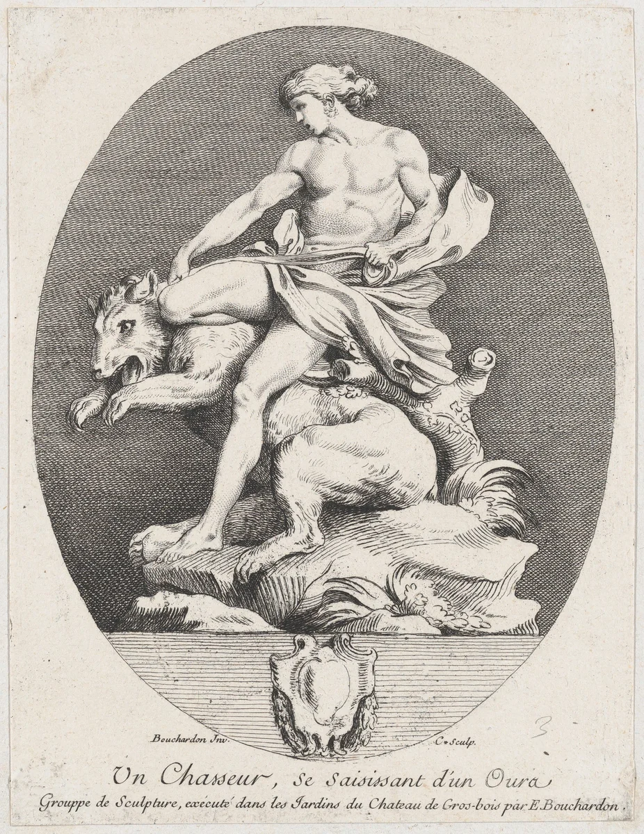 A Hunter Grabbing a Bear, from "Group of Subjects Drawn From Antiquity" by Anne Claude Philippe de Tubières, print, 1737